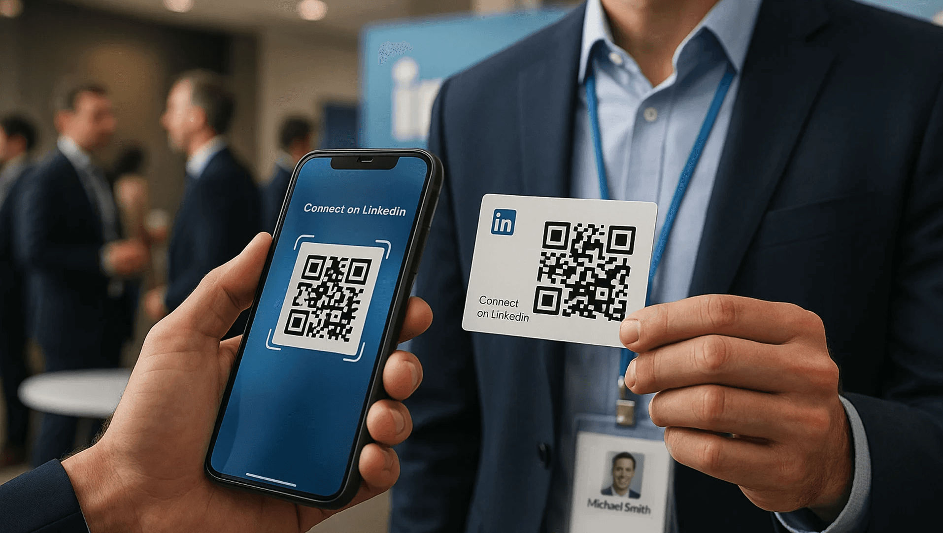 Person scanning a QR code business card with a smartphone